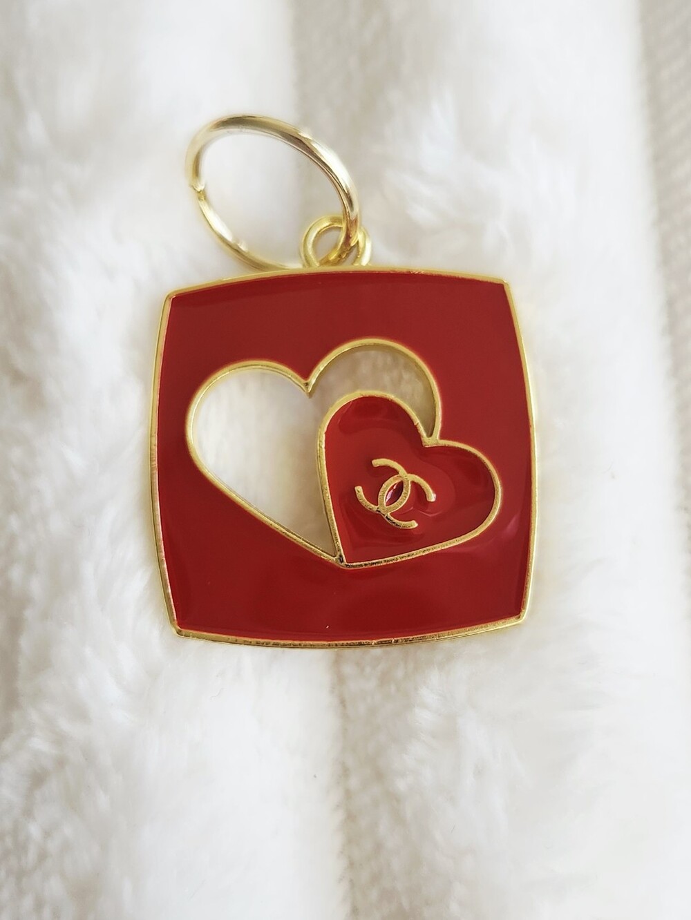 Crimson and Gold Enamel Double Heart Bag Charm Keychain